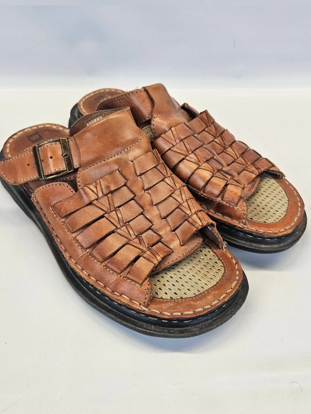 Vintage Y2k Brown Leather Chunky Sandals Basket Weave Mens 9 Slip On Slide